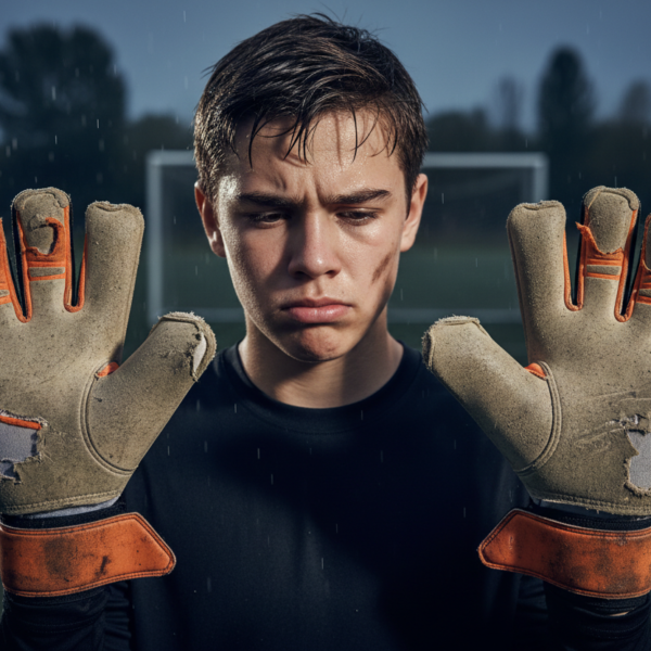 Young goalkeeper with worn gloves new variation