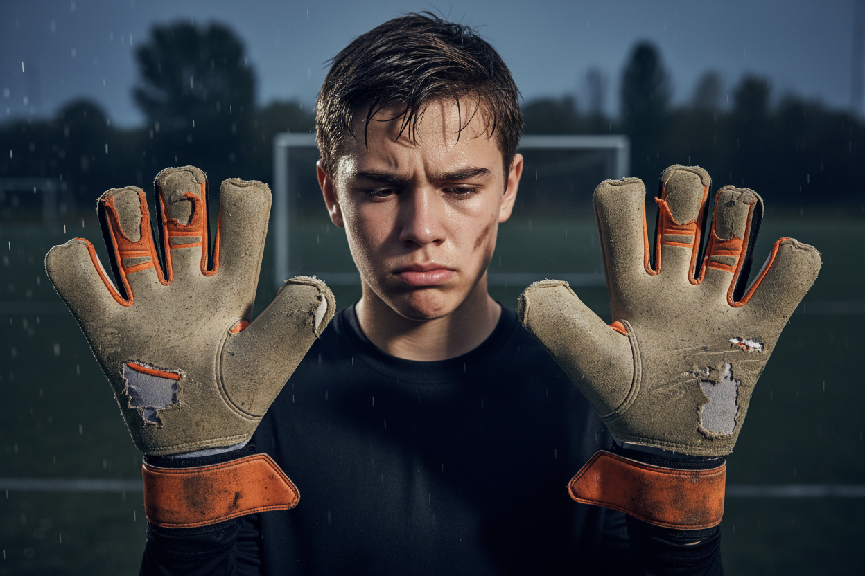 Young goalkeeper with worn gloves new variation 1